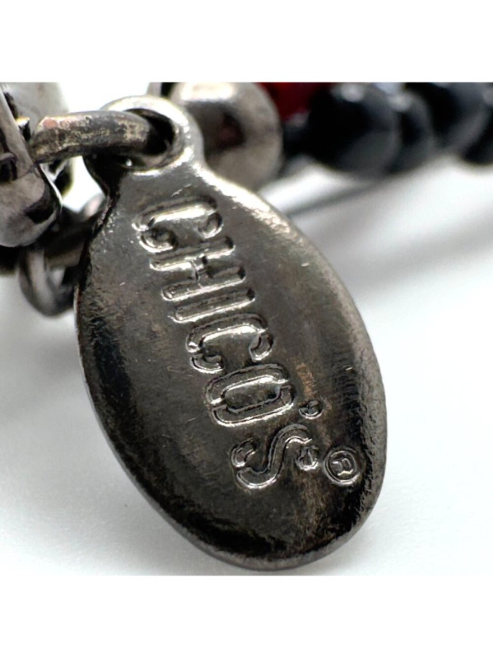 Chicos Gray Black Red Beaded Statement Necklace Pink Mica Acrylic Pendant Chain - Picture 4 of 11